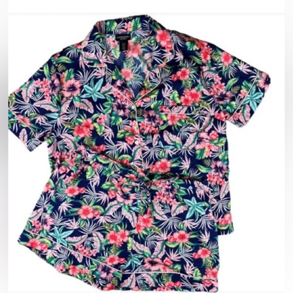 Cynthia Rowley Floral Short Sleeve Pajama Set-M blue ,pink green polyester NWOT